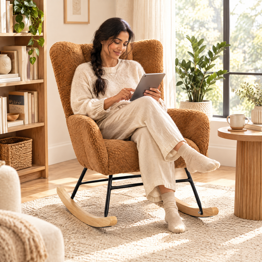 A South Asian woman with long dark hair in a loose braid in her early 40s, scrolling a tablet with a smile, in The Cubby teddy wingback rocker in a sunlit reading corner