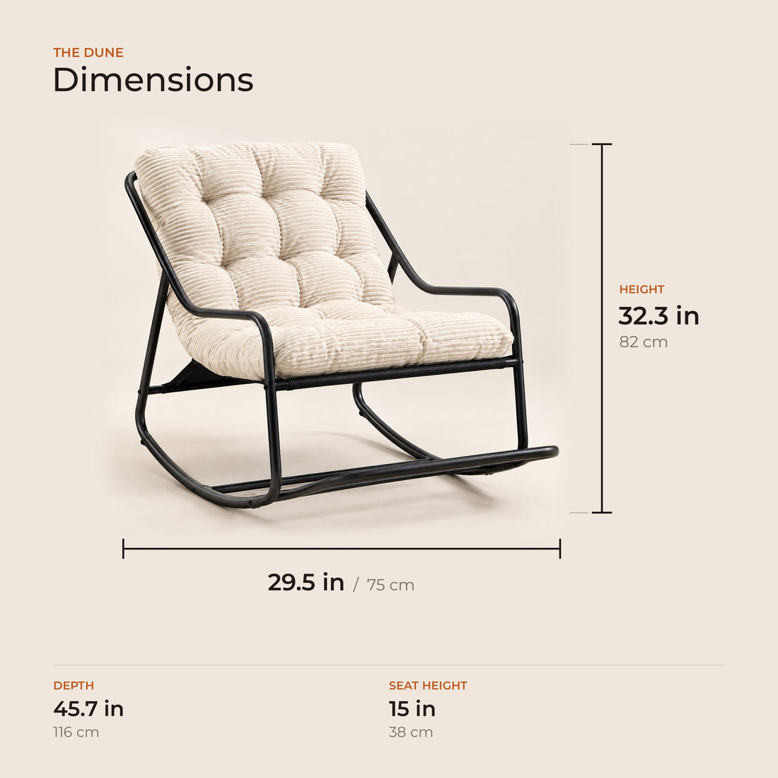 The Dune dimensions: width, depth and height in inches and centimeters