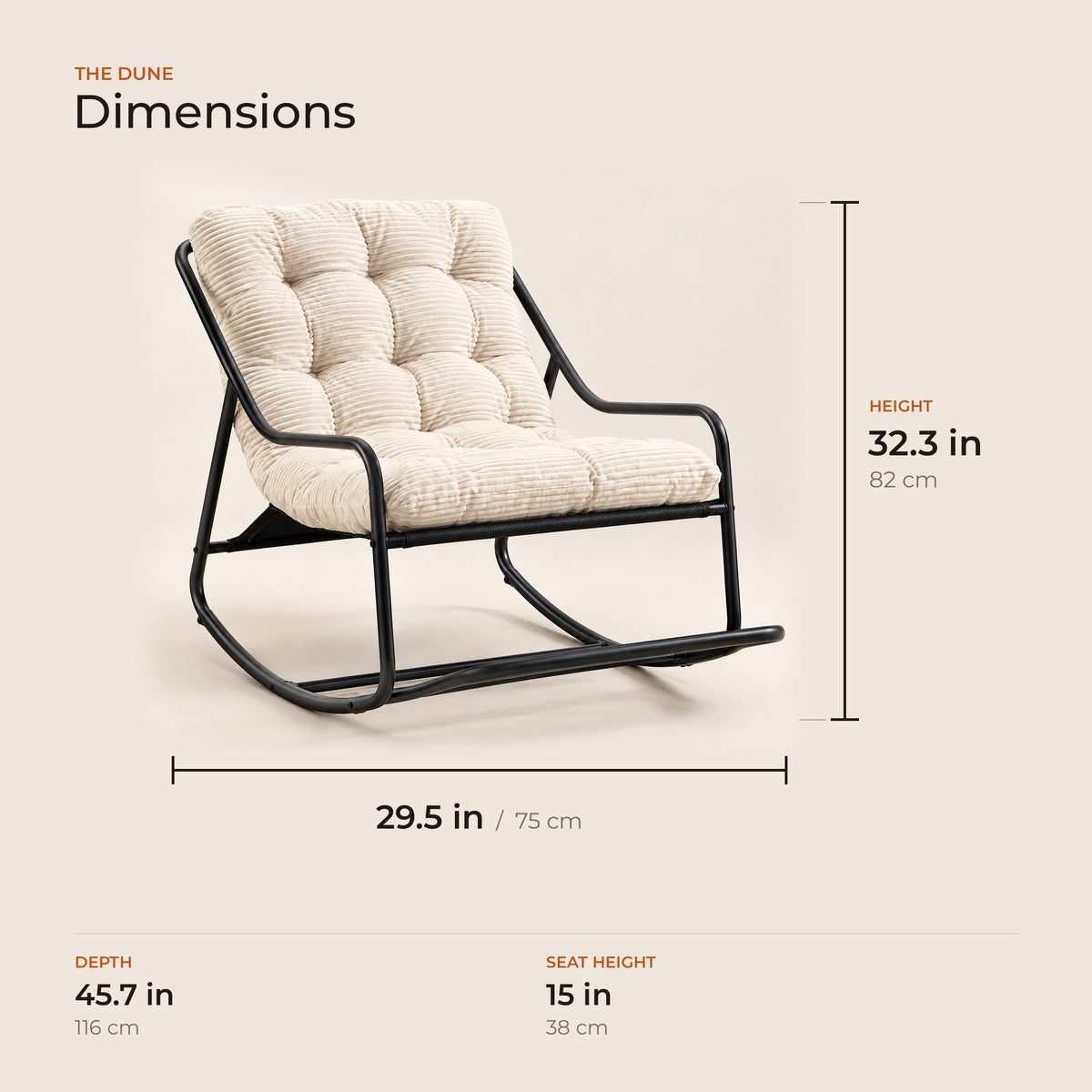 The Dune dimensions: width, depth and height in inches and centimeters