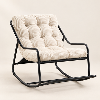 The Dune low lounge rocker, tufted corduroy in Ivory, studio photo