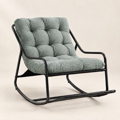 The Dune low lounge rocker, tufted corduroy in Sage Grey, studio photo