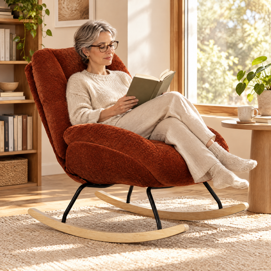 A woman with short gray hair and glasses in her mid 40s, reading a hardcover book, in The Ember chenille lounge rocker in a sunlit reading corner