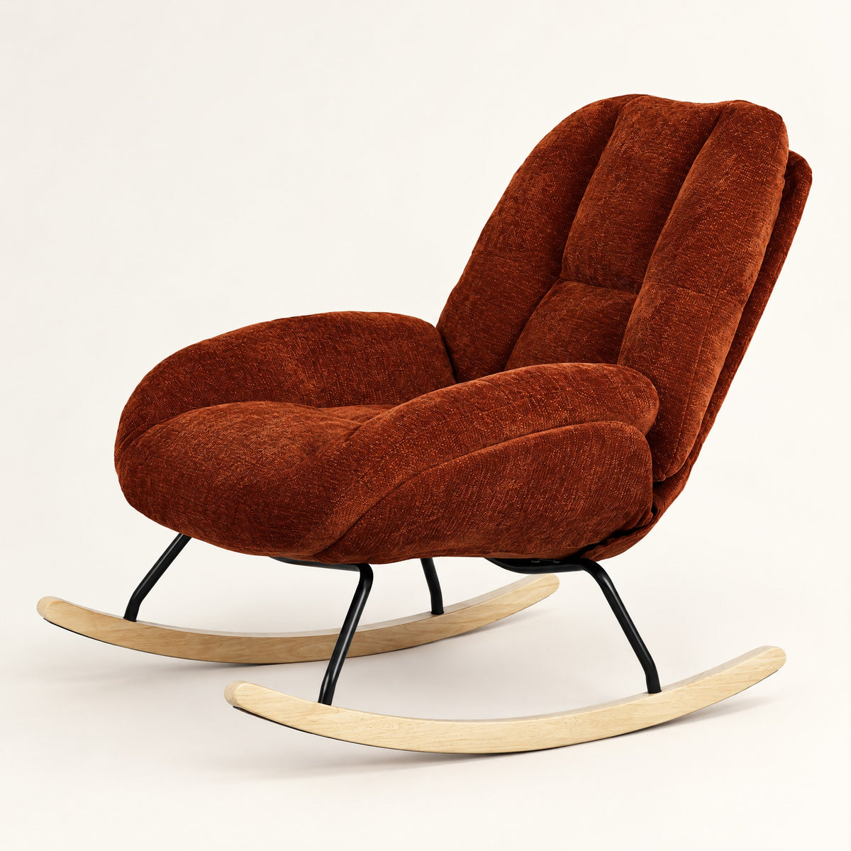 The Ember chenille lounge rocker in Terracotta, studio photo