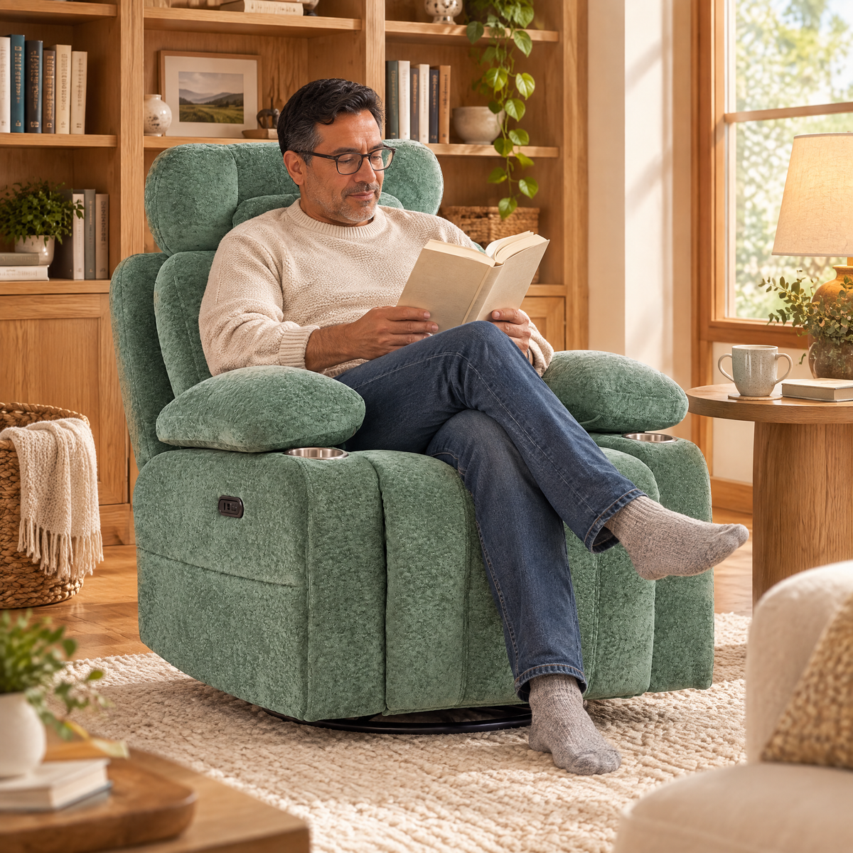 A Latino man with glasses and short dark hair in his early 50s, reading a paperback, in The Everett power swivel rocker recliner with USB in a cozy den