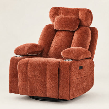 The Everett power swivel rocker recliner with USB in Orange, studio photo