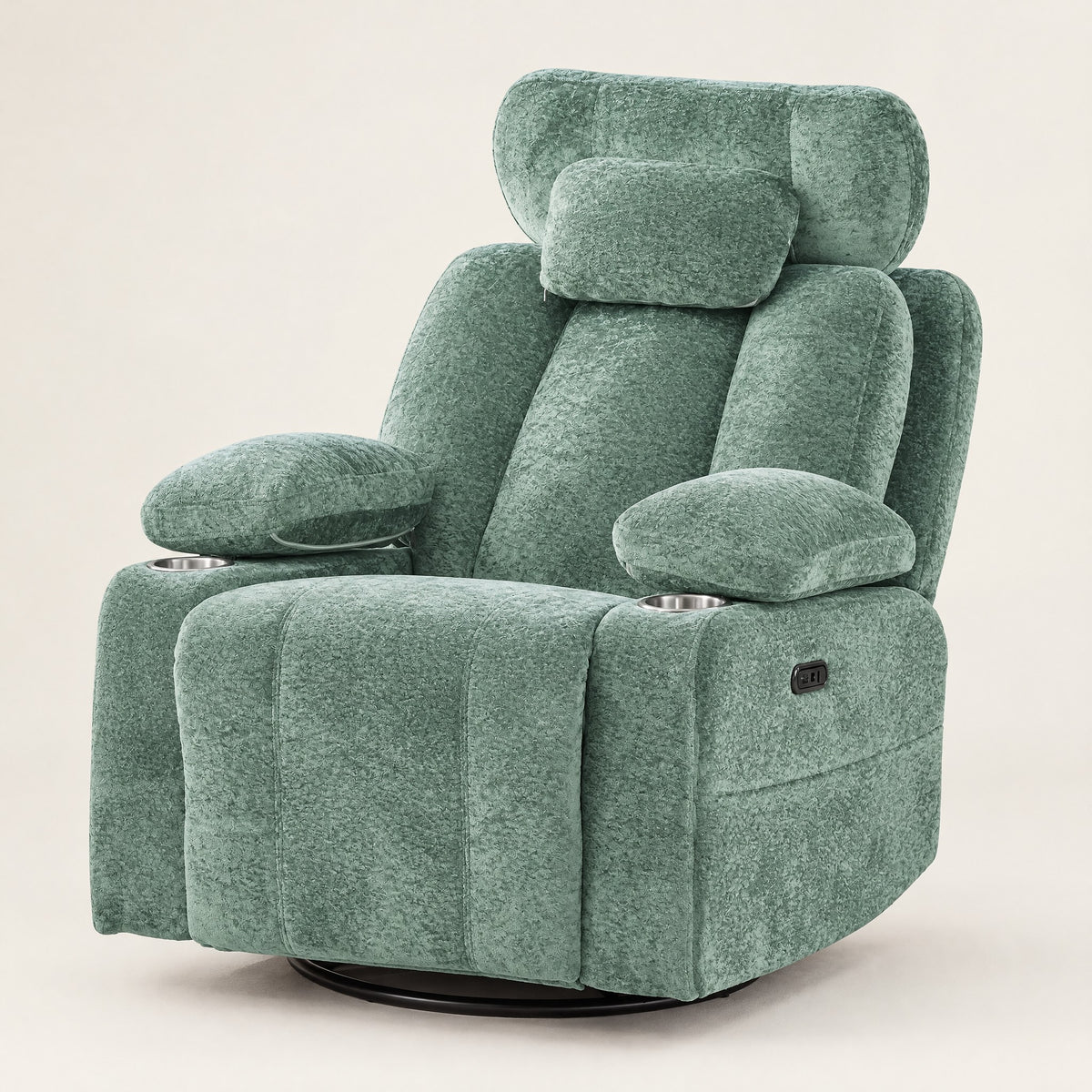 The Everett power swivel rocker recliner with USB in Sage Green, studio photo