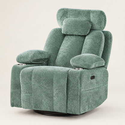 The Everett power swivel rocker recliner with USB in Sage Green, studio photo