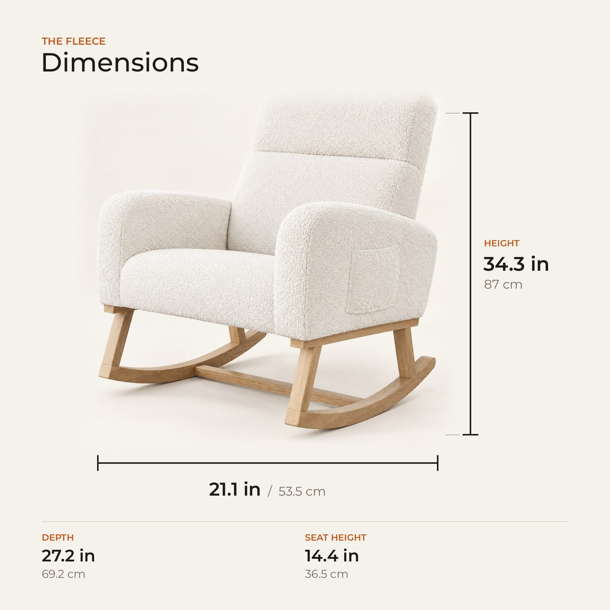 The Fleece dimensions: width, depth and height in inches and centimeters