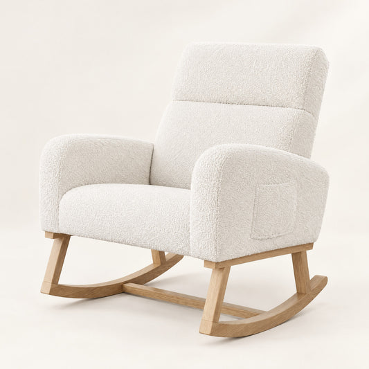 The Fleece high-back teddy rocker in Ivory, studio photo