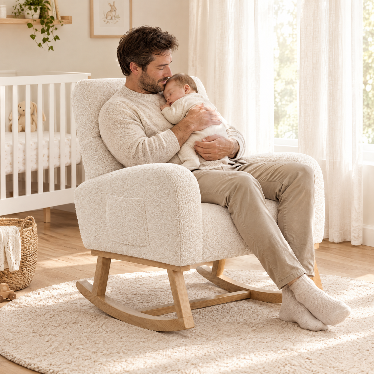 A father in his early 30s with a short beard, holding his sleeping baby against his chest, in The Fleece high-back teddy rocker in a bright nursery
