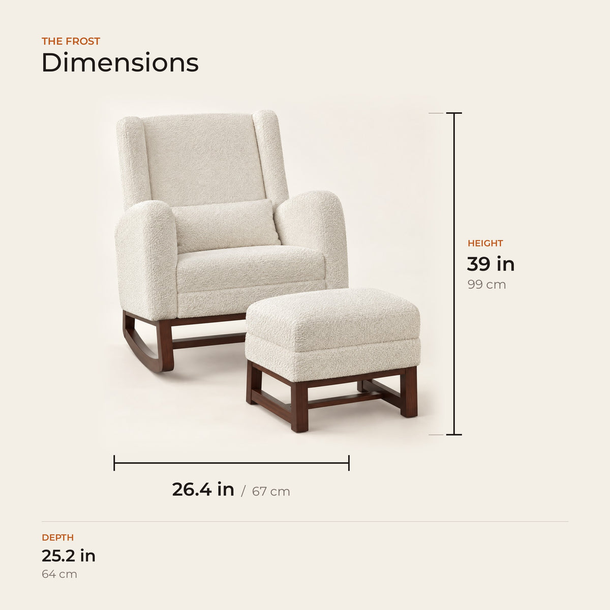 The Frost dimensions: width, depth and height in inches and centimeters