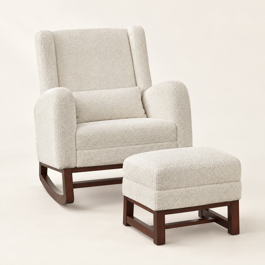 The Frost teddy rocker + footrest in Ivory, studio photo