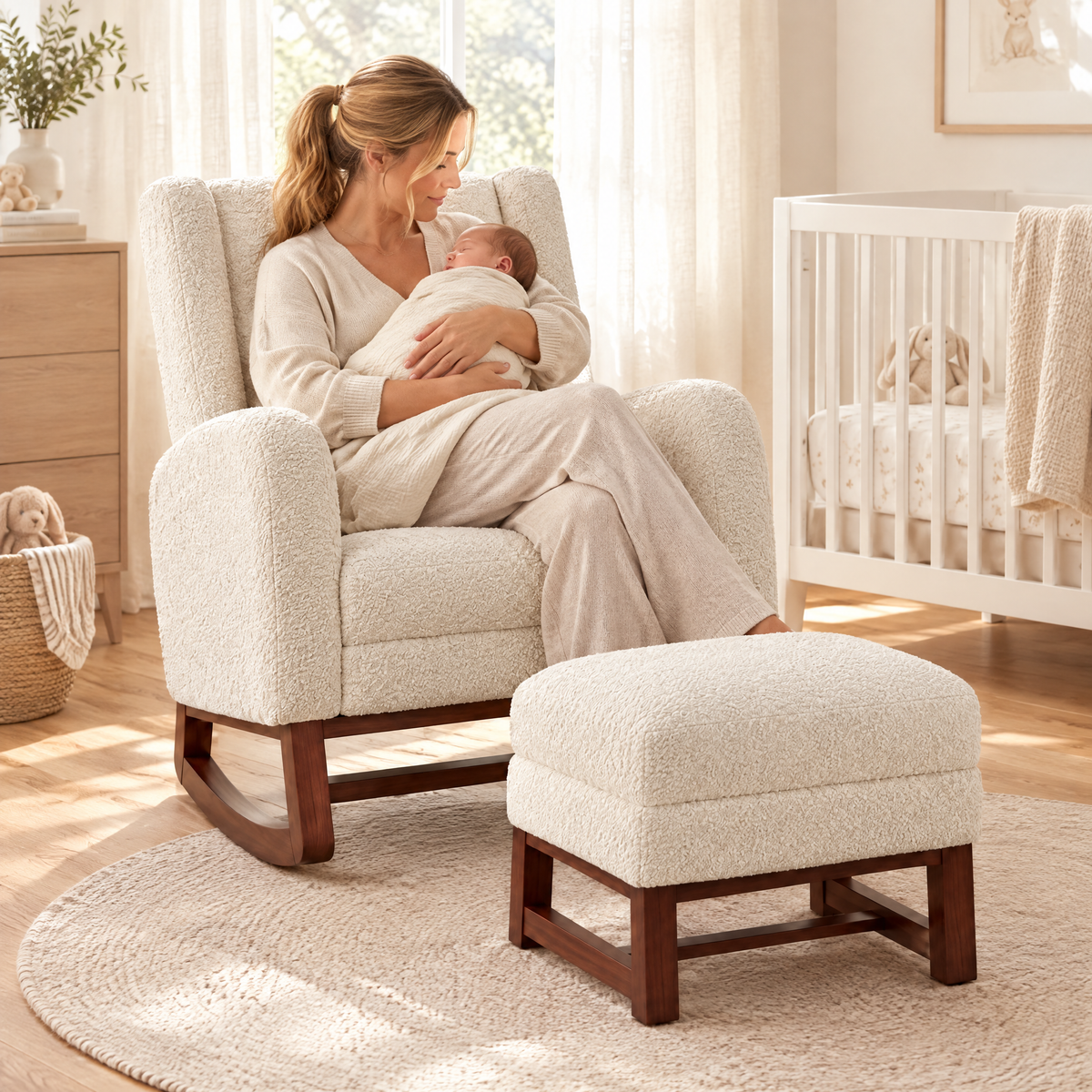 A mother in her early 30s with a honey-blonde ponytail gently holding her sleeping newborn swaddled in a cream blanket, in The Frost teddy rocker + footrest in a bright nursery