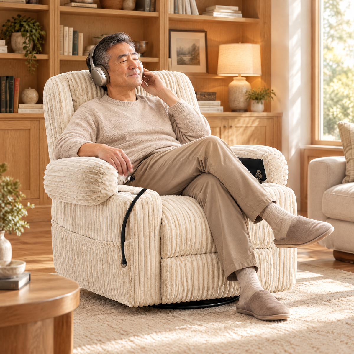 An East Asian man with short graying hair in his mid 50s, listening to music with headphones, in The Grandview oversized power recliner, heat + massage in a cozy den