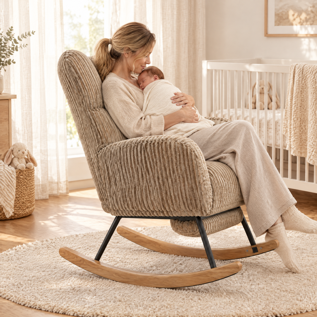 A mother in her early 30s with a honey-blonde ponytail gently holding her sleeping newborn swaddled in a cream blanket, in The Hazel corduroy nursing rocker + built-in footrest in a bright nursery