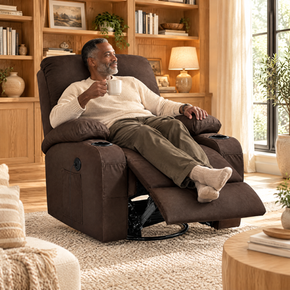 A Black man with a short gray beard in his mid 50s, holding a cup of coffee and smiling, in The Hearthside massage rocker recliner with heat in a cozy den
