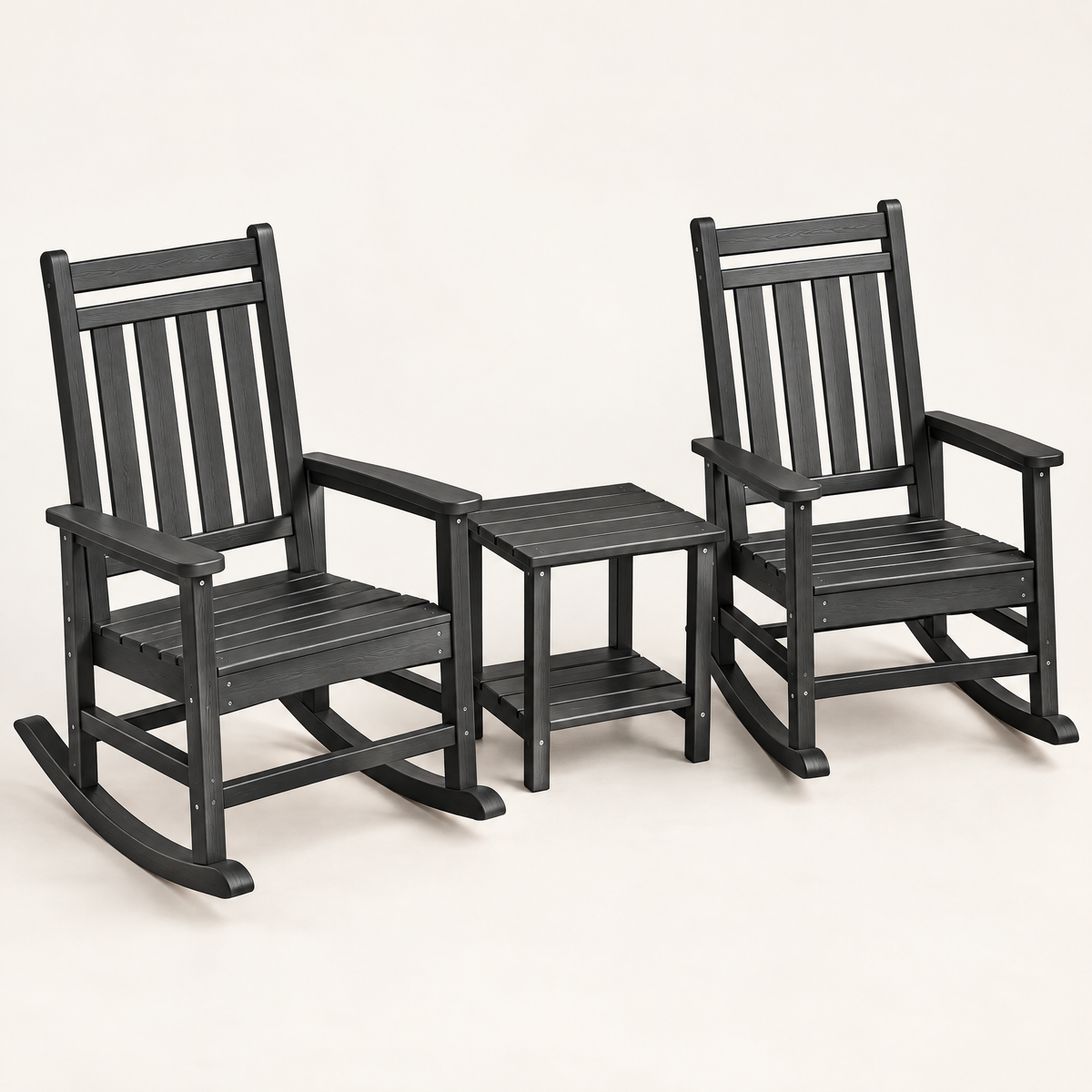 The Homestead set: 2 porch rockers + side table in Black, studio photo