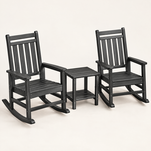 The Homestead set: 2 porch rockers + side table in Black, studio photo