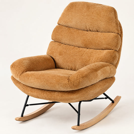 The Honey wide-seat chenille cocoon rocker in Caramel, studio photo