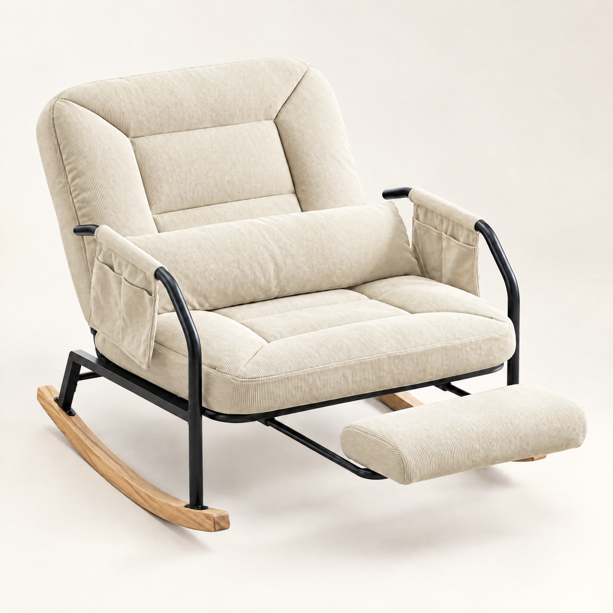 The Hudson corduroy reclining rocker + footrest in Beige, studio photo
