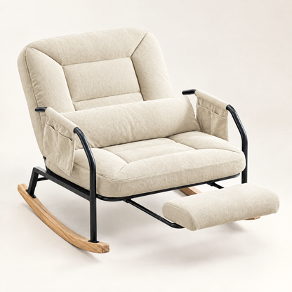 The Hudson corduroy reclining rocker + footrest in Beige, studio photo