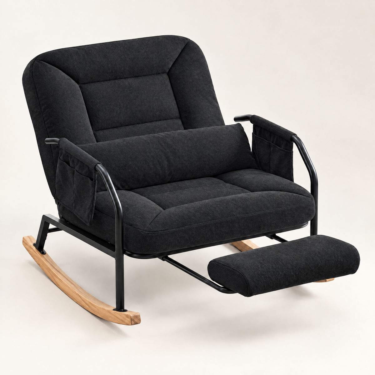 The Hudson corduroy reclining rocker + footrest in Black, studio photo