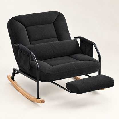 The Hudson corduroy reclining rocker + footrest in Black, studio photo