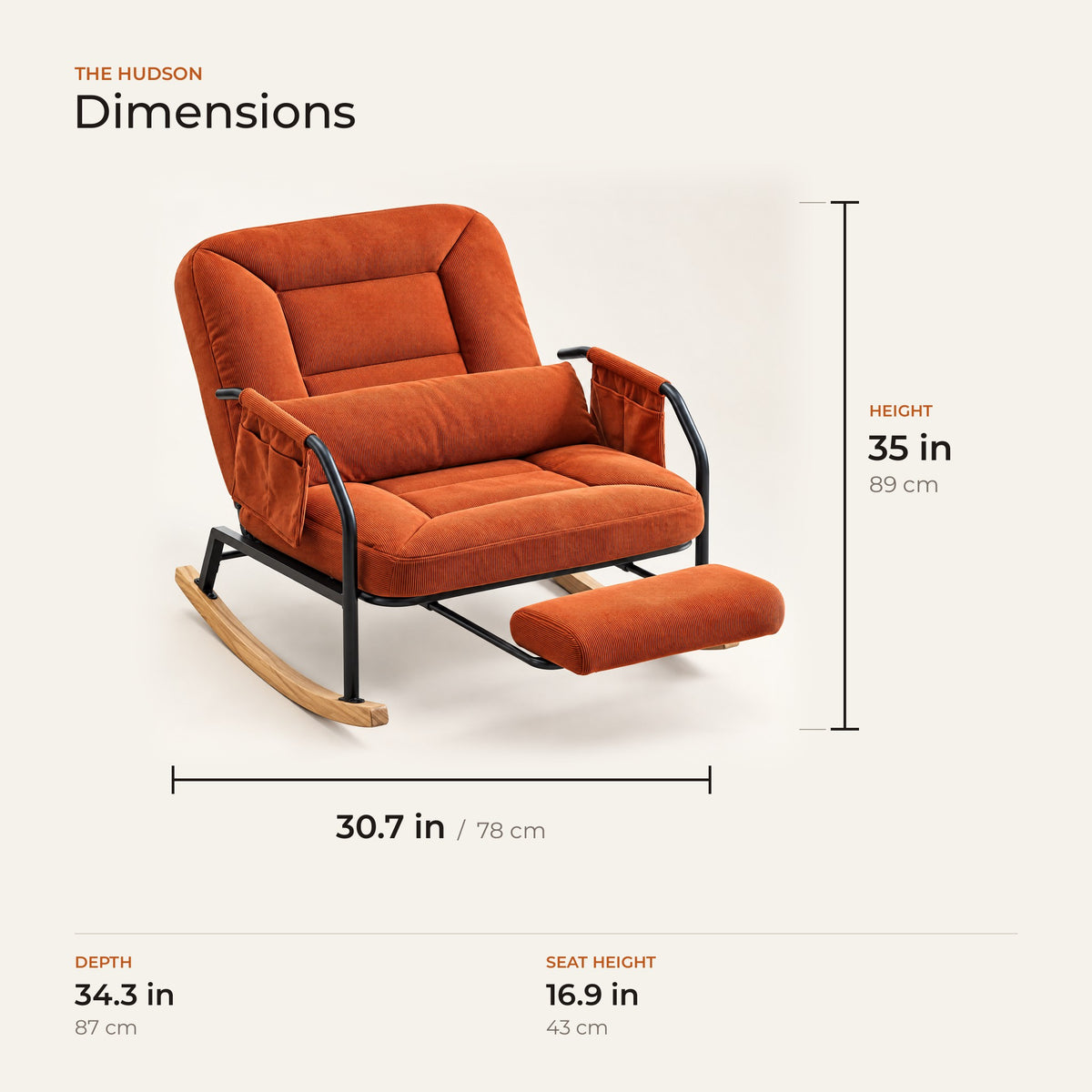 The Hudson dimensions: width, depth and height in inches and centimeters
