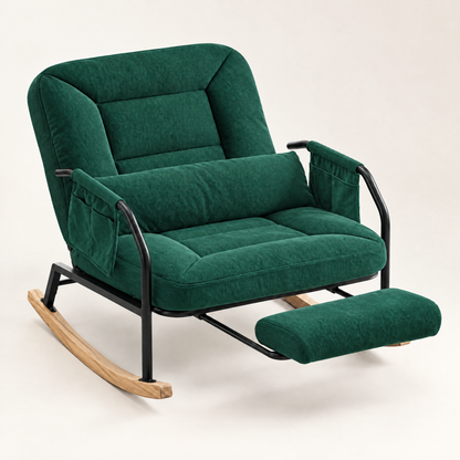 The Hudson corduroy reclining rocker + footrest in Forest Green, studio photo