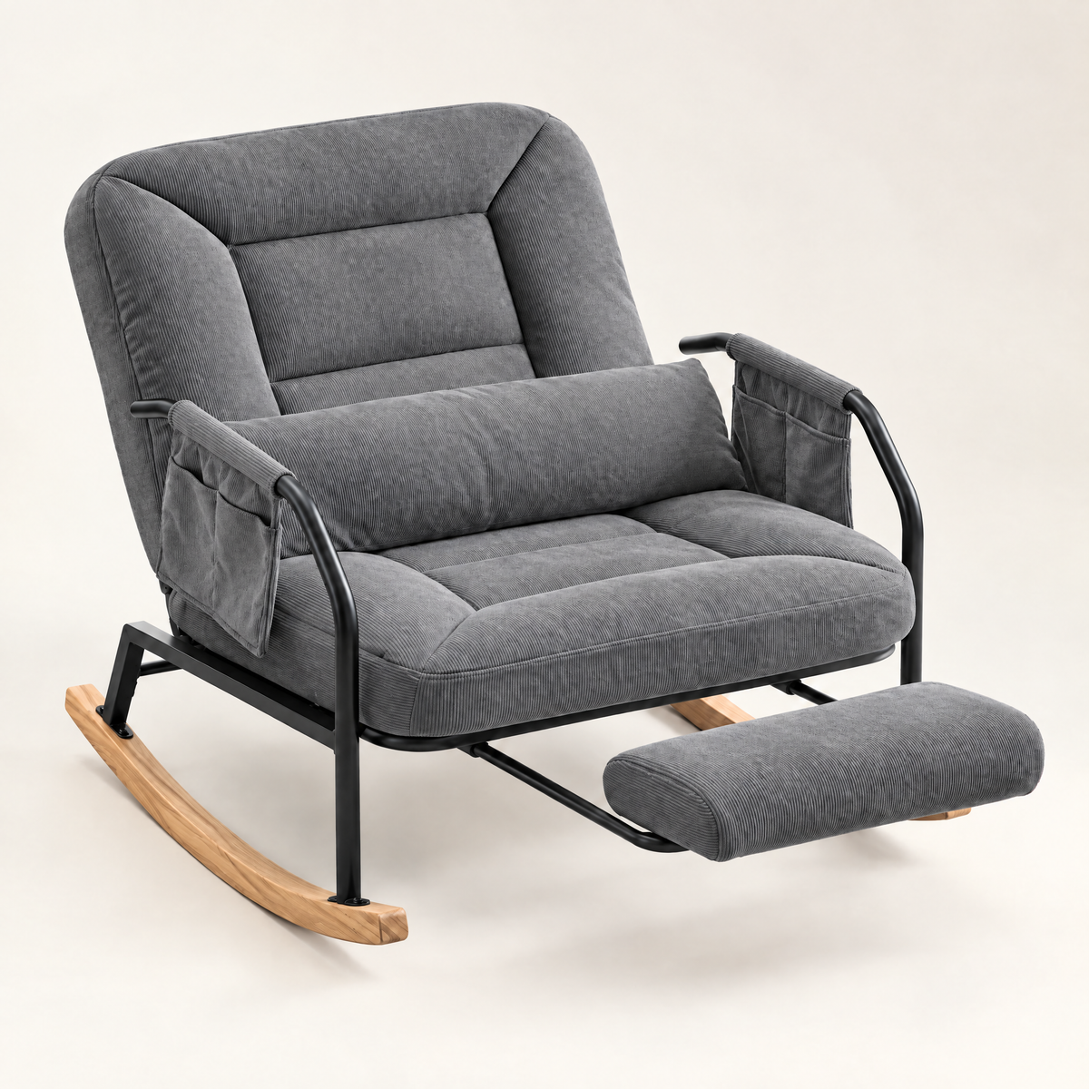 The Hudson corduroy reclining rocker + footrest in Grey, studio photo