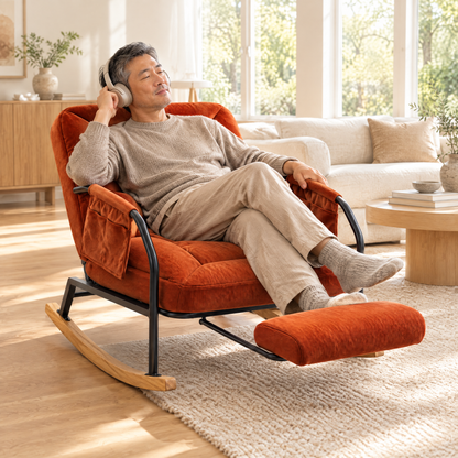An East Asian man with short graying hair in his early 50s, listening to music with headphones, in The Hudson corduroy reclining rocker + footrest in a sunny living room