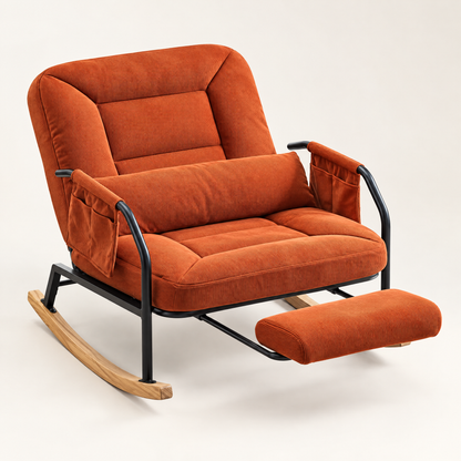 The Hudson corduroy reclining rocker + footrest in Terracotta, studio photo