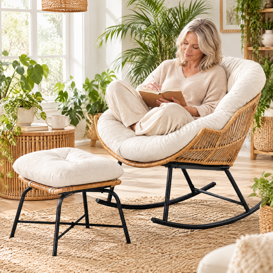 A woman with shoulder-length silver-blonde hair in her mid 40s, writing in a journal, in The Lagoon papasan rocker + ottoman in a plant-filled sunroom