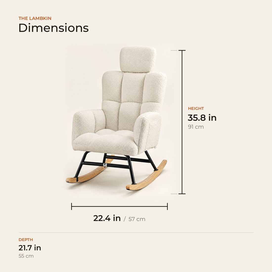 The Lambkin dimensions: width, depth and height in inches and centimeters