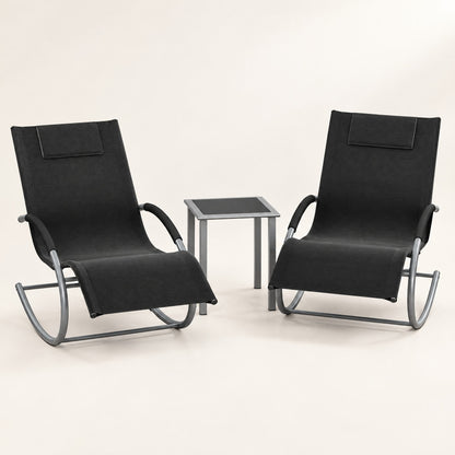 The Lido set: 2 rocking sun loungers + side table in Black, studio photo