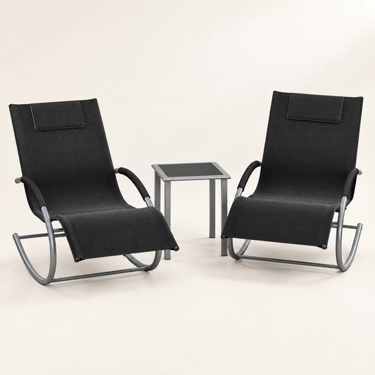 The Lido set: 2 rocking sun loungers + side table in Black, studio photo