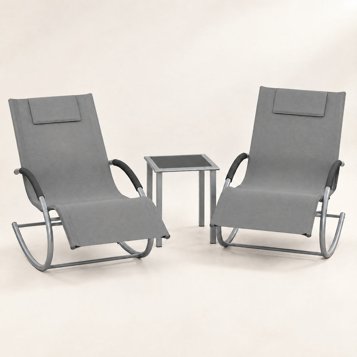 The Lido set: 2 rocking sun loungers + side table in Grey, studio photo