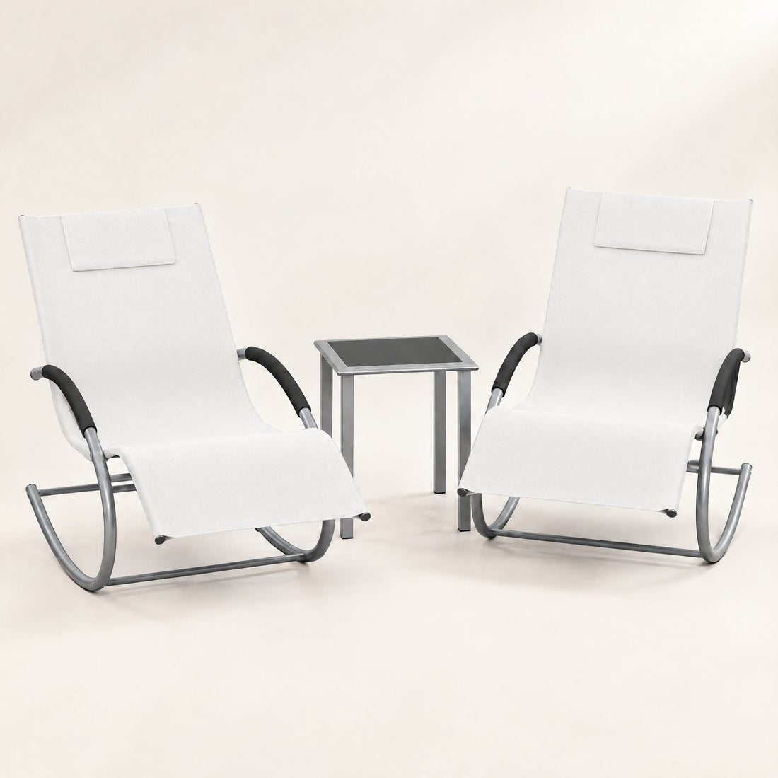 The Lido set: 2 rocking sun loungers + side table in Ivory, studio photo