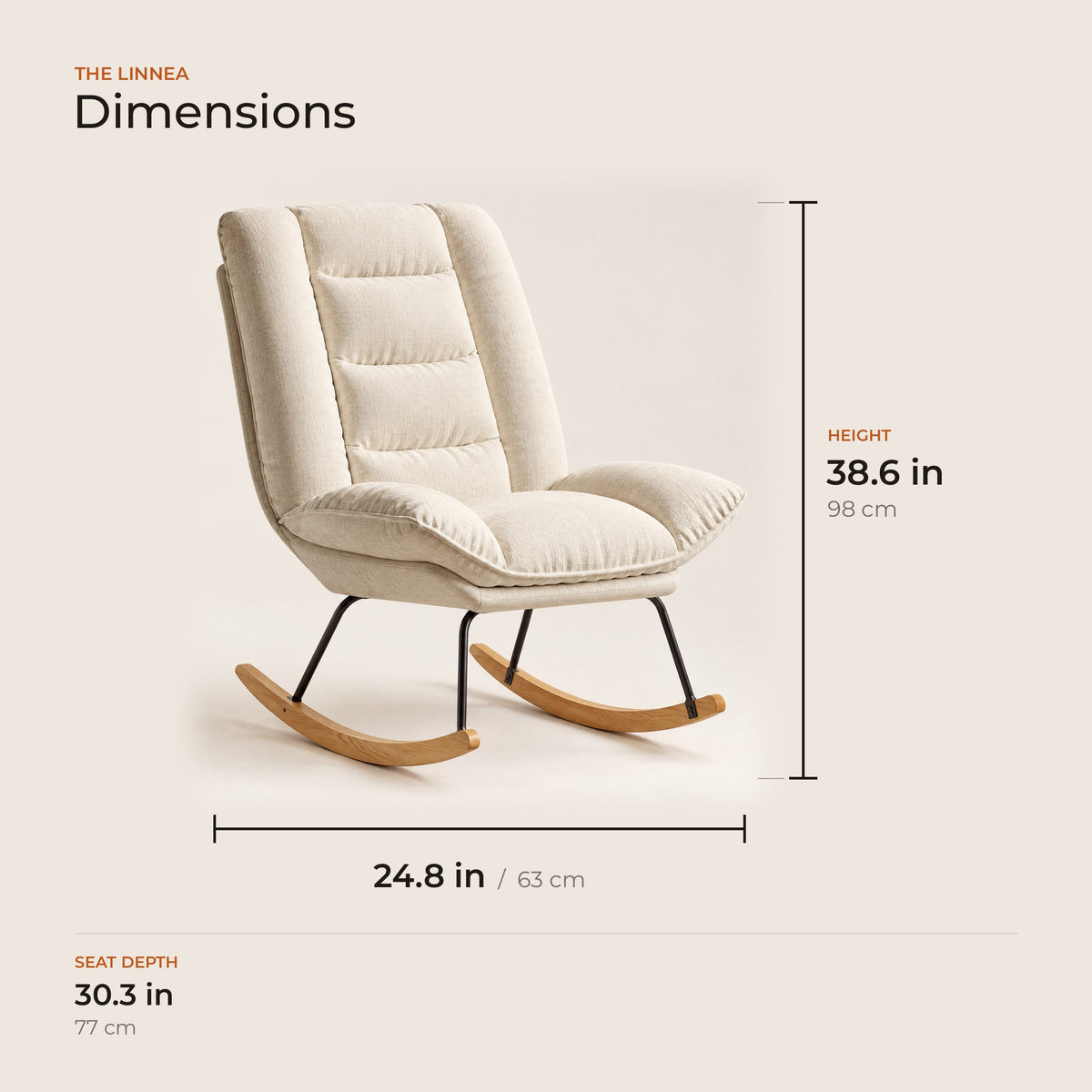 The Linnea dimensions: width, depth and height in inches and centimeters