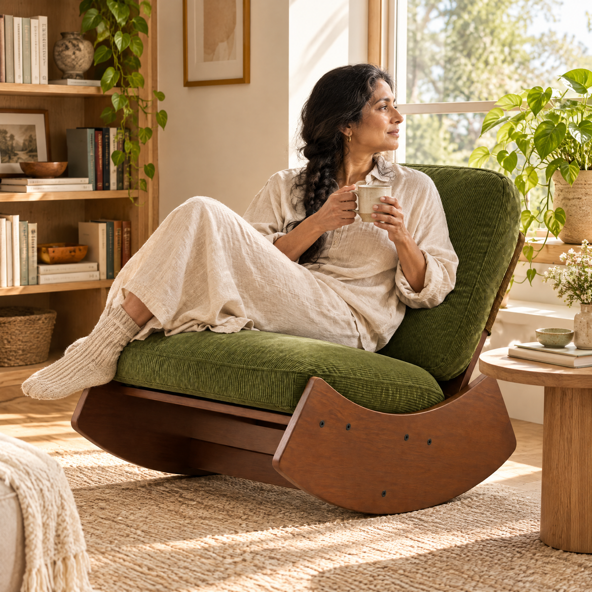 A South Asian woman with long dark hair in a loose braid in her early 50s, holding a mug of tea and looking out the window, in The Marlow mid-century rocker, solid wood base in a sunlit reading corner