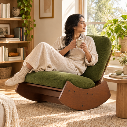 A South Asian woman with long dark hair in a loose braid in her early 50s, holding a mug of tea and looking out the window, in The Marlow mid-century rocker, solid wood base in a sunlit reading corner
