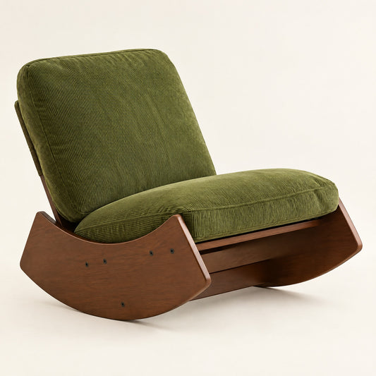 The Marlow mid-century rocker, solid wood base in Olive Green, studio photo