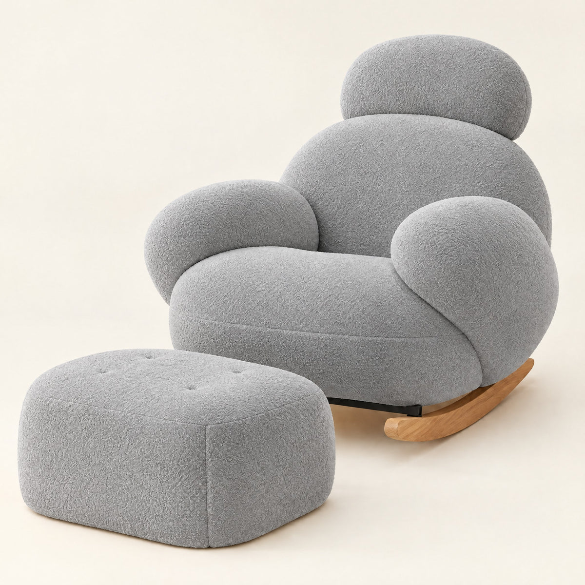 The Mochi boucle cloud rocker in Grey, studio photo