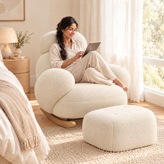 A South Asian woman with long dark hair in a loose braid in her early 40s, scrolling a tablet with a smile, in The Mochi boucle cloud rocker in a calm bedroom corner