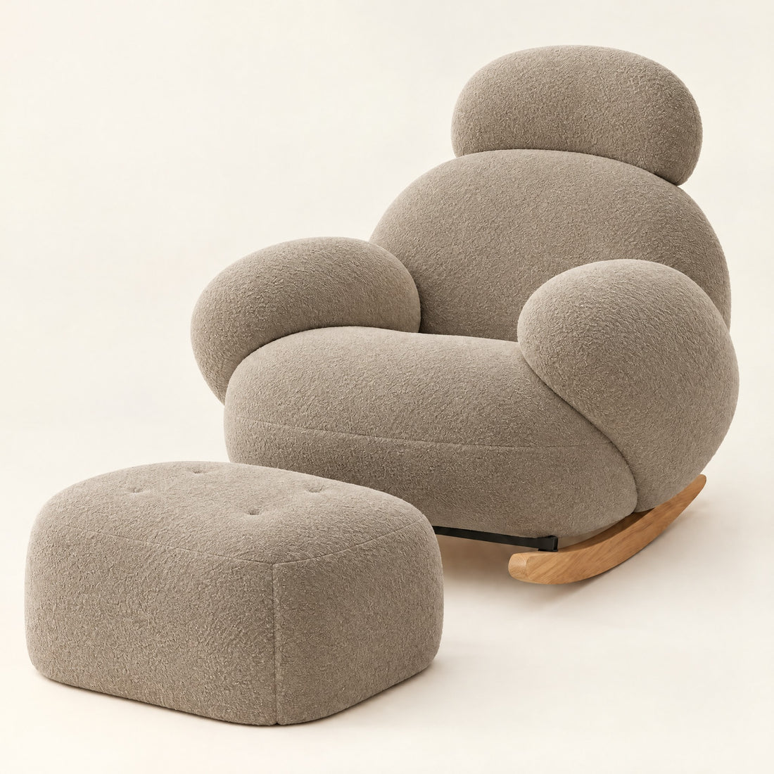 The Mochi boucle cloud rocker in Mocha, studio photo