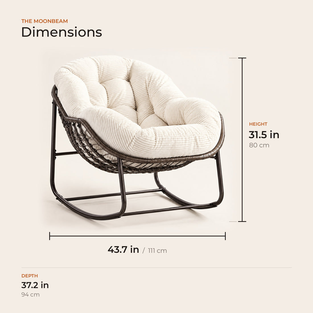 The Moonbeam dimensions: width, depth and height in inches and centimeters