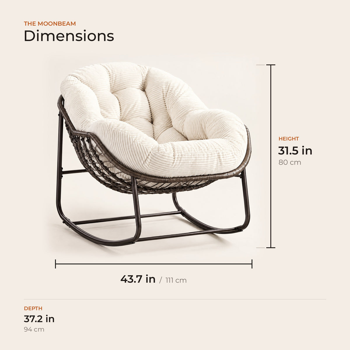 The Moonbeam dimensions: width, depth and height in inches and centimeters