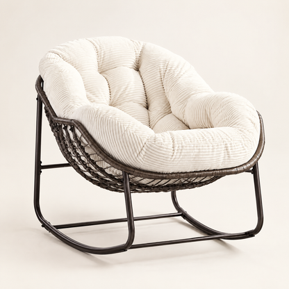 The Moonbeam papasan rocker, rattan + corduroy in Ivory, studio photo