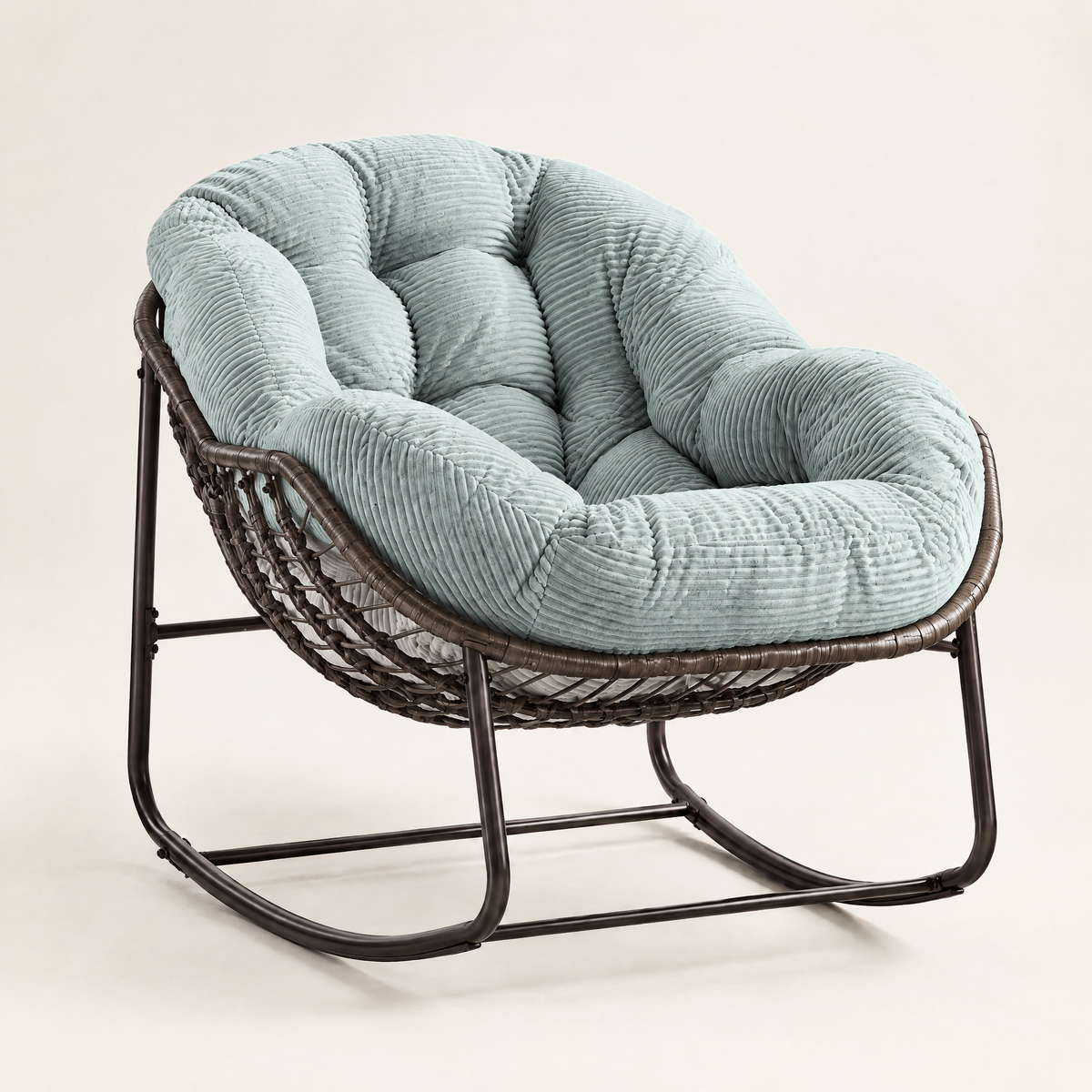The Moonbeam papasan rocker, rattan + corduroy in Light Blue, studio photo