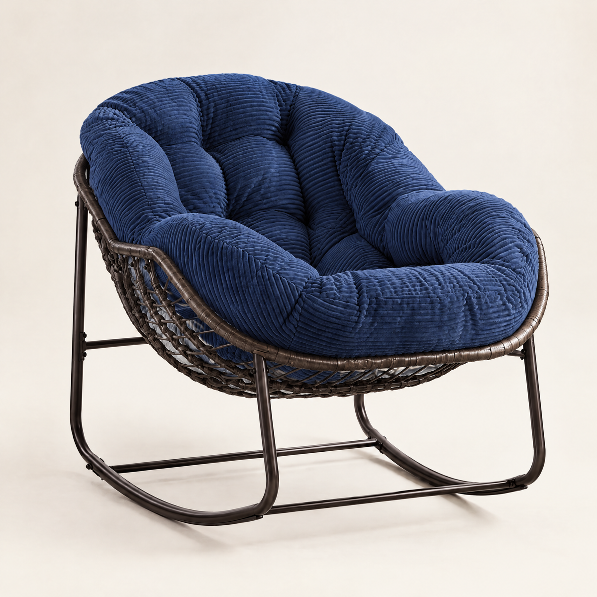 The Moonbeam papasan rocker, rattan + corduroy in Navy, studio photo